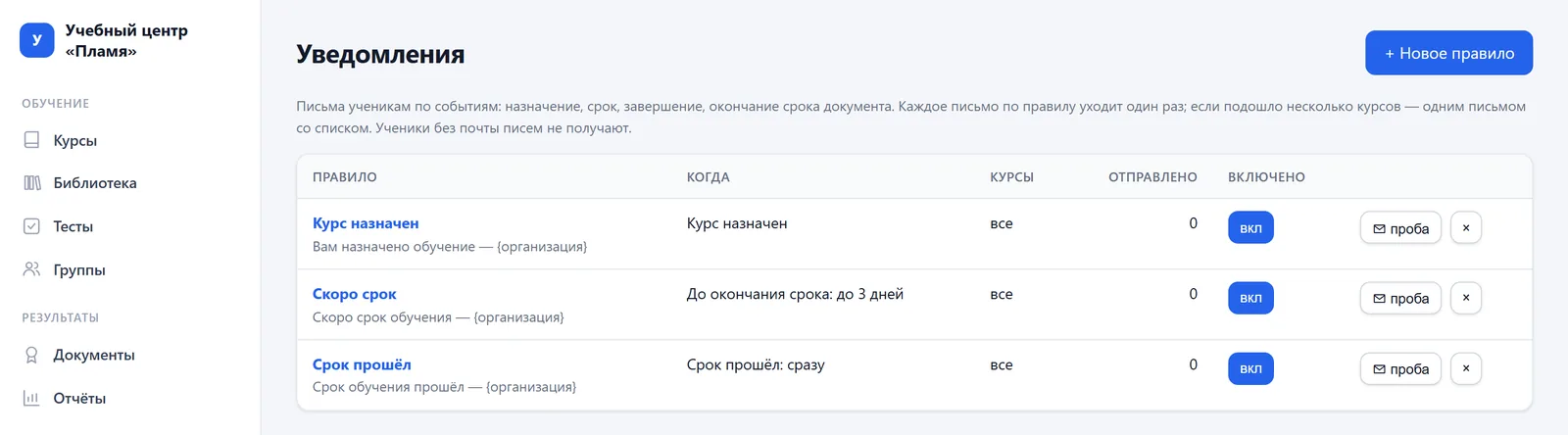 Правила уведомлений